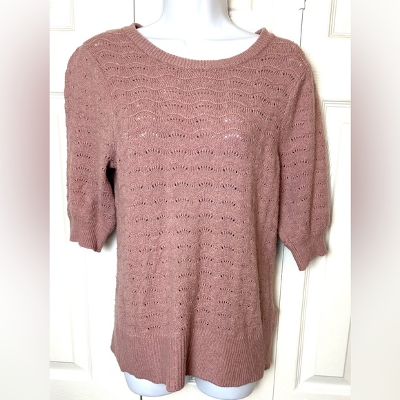 JOIE Pointelle Knit Sweater Dusty Rose Mauve Short Puff Sleeves Pink Pullover - Picture 1 of 8